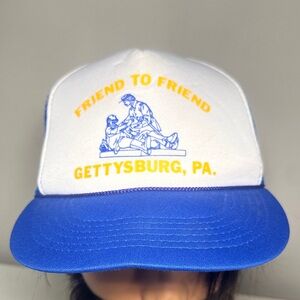 Blue and White friend to friend Gettysburg vintage trucker Cap